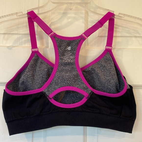 L New Balance Racerback Adj Straps Sports Bra Grey Magenta NB Racerback Top Pink - Picture 7 of 11